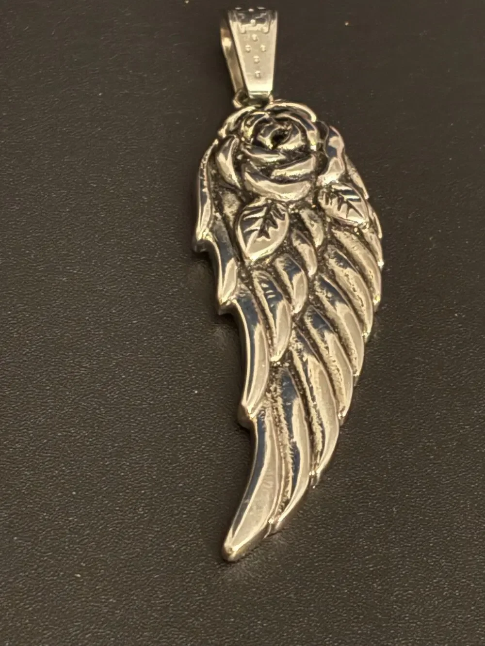 Vintage Rose Angel Wing Silver Tone Pendant
